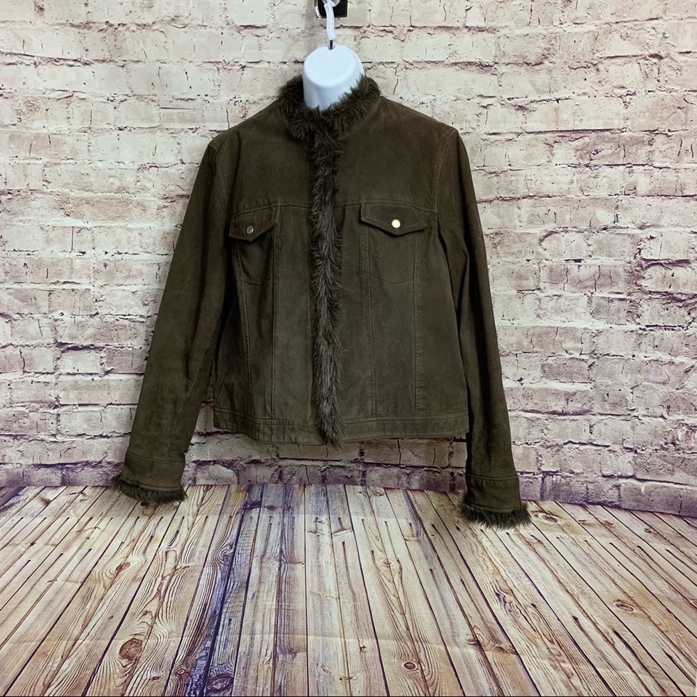 Coldwater Creek Brown Suede Leather Zipper Front Fur Trim Lined Jacket